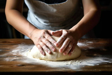 Women's hands in the bakery masterfully knead dough for delicious pastries.の素材