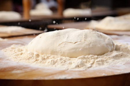 Close up of raw dough on a wooden table, home cooking.の素材