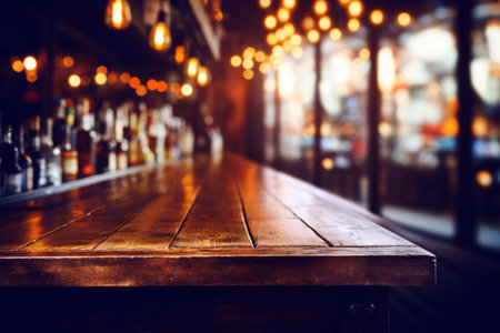 Empty wooden table and blurred background of bar or pub with bokeh.の素材