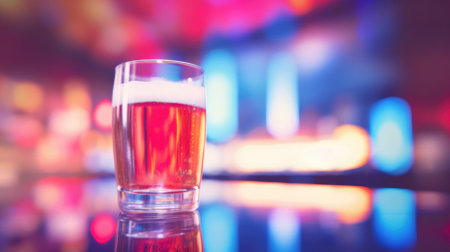 A glass of beer on the bar counter on a blurred background of neon lights.の素材