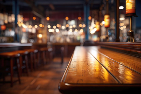 An empty vintage bar table with a wooden board, creating a stylish space for design in a classic pub setting.の素材
