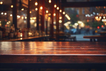 Vintage bar setting: empty wooden tabletop for creative decor.の素材