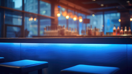 Empty bar counter with blue neon lighting on blurred alcohol background.の素材