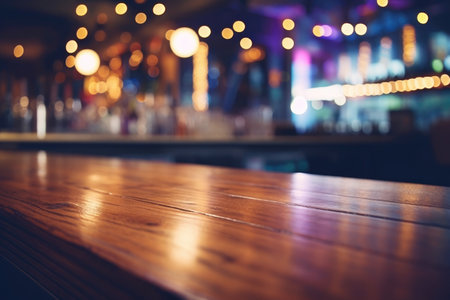 Nightclub lifestyle: A blank wooden counter in a pub, ready for creative design.の素材