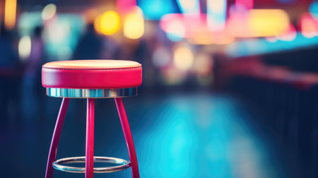 Tall pink bar stool on blurred background of pub neon lights.の素材