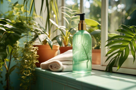 Tranquil spa concept: shower gel bottle surrounded by houseplant in the bathroom.の素材