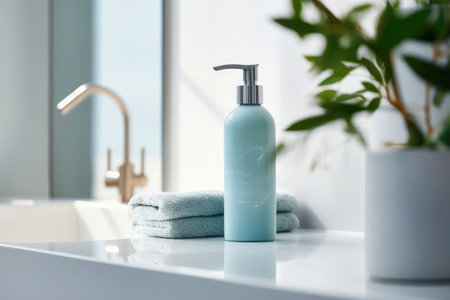 Aromatic wellness: mock up shower gel bottle in a serene bathroom composition.の素材