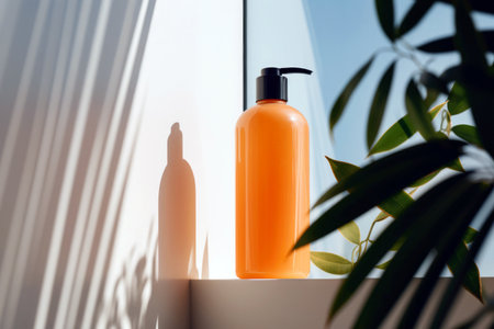Cosmetic minimalism: a mock up shower gel bottle with space for text.の素材