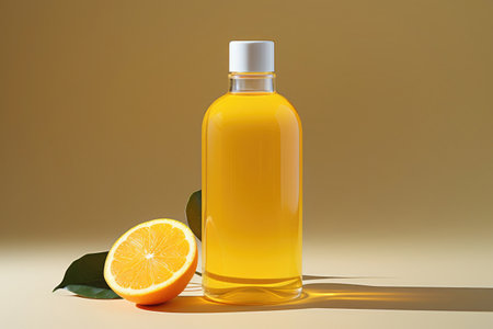 Blank space on orange shower gel bottle.の素材
