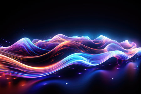Abstract wavy background with glowing lines and particles.の素材
