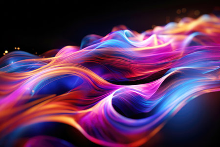 Futuristic technology wave background with glowing lines and bokeh.の素材