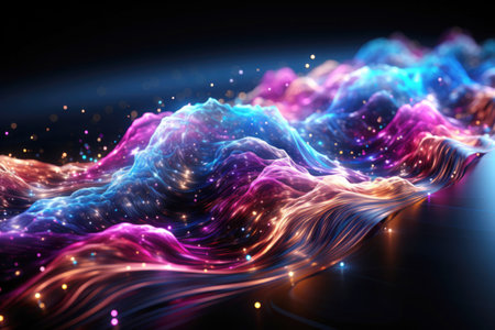 Abstract wavy background with glowing particles in space.の素材