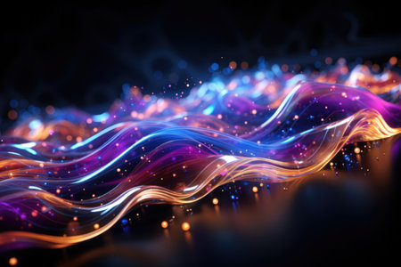 Futuristic technology wave background with glowing lines and bokeh.の素材