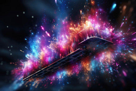 Abstract space station in outer space with stars and nebula.の素材