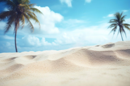 Close up of white sand with palm trees and blue sky, summer background concept for design.の素材
