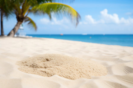 Sunny day by the sea: palms, turquoise water, and golden sand create a summer.の素材
