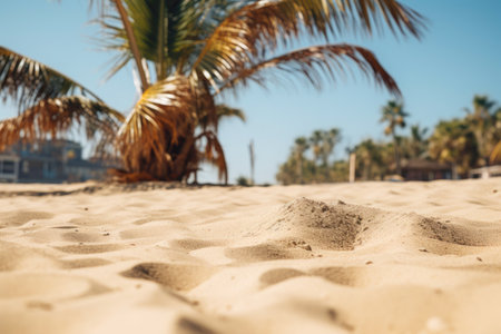 Vacation background: a beach with palm trees and a sunny summer sky.の素材