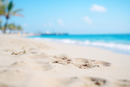 Beachfront beauty: Palms, turquoise waves, and golden sand, a summer scene.の素材