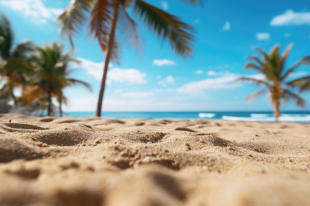 Vacation spot: Palm-fringed beach, turquoise sea, and golden sand, a summer retreat.の素材