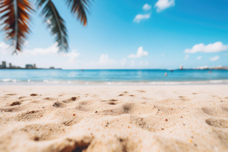 Exotic retreat: turquoise seas, palm trees, and a sun-drenched sandy coastline.の素材