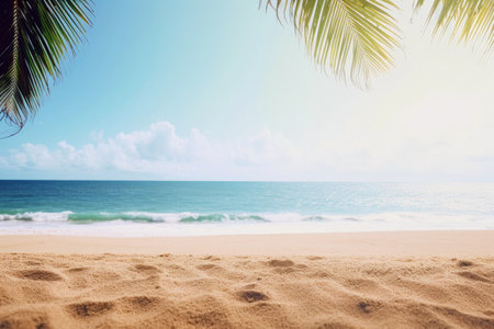 Tropical getaway: a summer background with palm-fringed beach and turquoise water.の素材