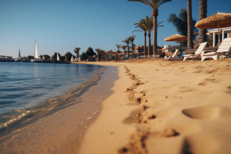 Sandy coastline with palm trees, sun loungers and resort house.の素材