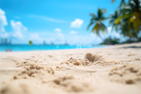 A coastal scene with palm trees, turquoise sea, and sandy shores.の素材
