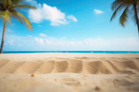 Seascape: Tropical beach with palm trees with clean sand on the shore of turquoise sea or ocean, summer background concept.の素材