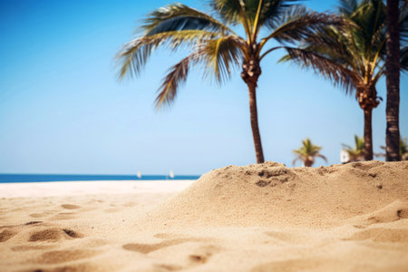 Beach holiday: Palm-fringed shore, turquoise ocean, and a clear summer sky.の素材
