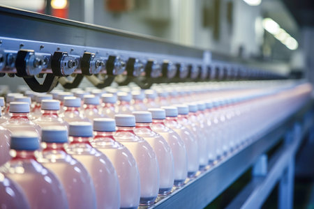 Beverage production: conveyor system efficiently filling and packaging drinks in plastic bottles.の素材