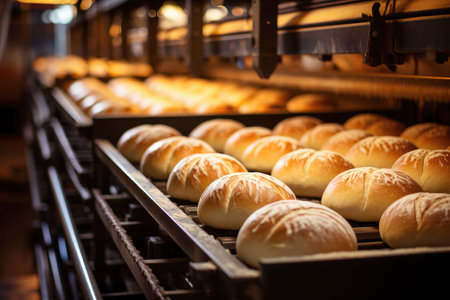 Factory process: bun manufacturing with automated machinery on a conveyor line.の素材