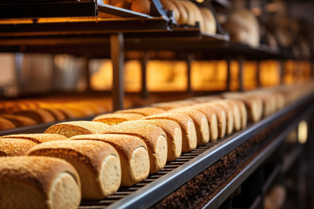 Bakery production line: freshly baked bread on a modern conveyor in an industrial setting.の素材