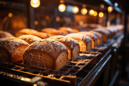 Industrial bakery: conveyor line at work, preparing many loaves of fresh bread.の素材