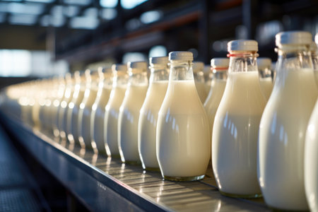 Modern production: conveyor line with rows of plastic milk bottles in an industrial setting.の素材