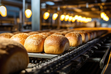 Automated bakery: loaves of delicious bread moving on a conveyor belt in a factory.の素材