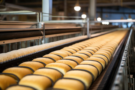 Modern bakehouse: professional equipment on a conveyor line, preparing fresh bread.の素材