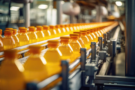 Juice bottling plant: automated machinery on a conveyor, producing sweet orange beverages.の素材