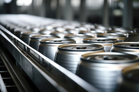 Beverage production: conveyor line with rows of shiny aluminum cans in an industrial setting.の素材