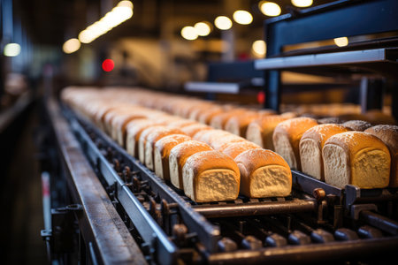 Industrial pastry: Conveyor belt in a bakery workshop, creating delicious loaves.の素材