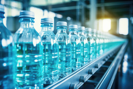 Conveyor line filling plastic bottles with sparkling water.の素材