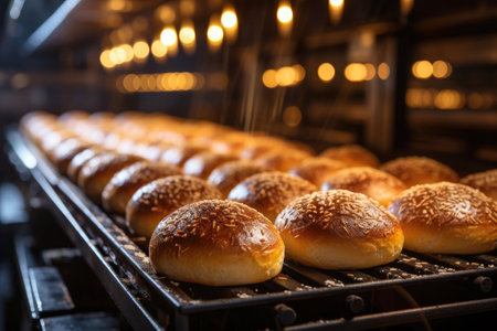 Bread production on a conveyor belt in a modern bakery facility.の素材