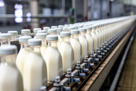 Dairy production: conveyor line with milk-filled plastic bottles in an automated factory.の素材