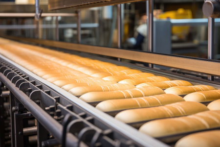 Business of baking: conveyor line in a bakery, showcasing the automated production process.の素材