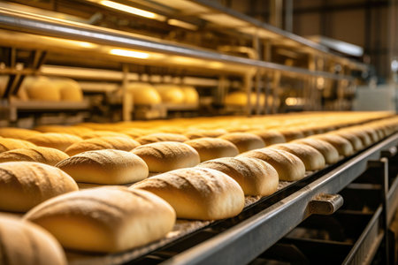 Manufacturing process: bread production in a bakery with advanced conveyor technology.の素材