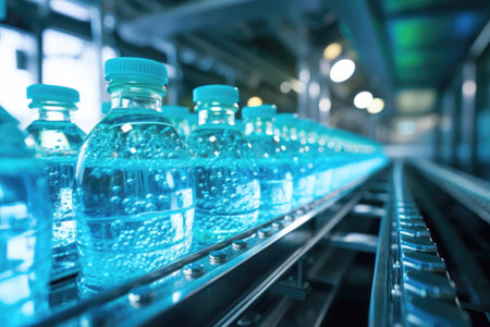 Automated machinery on a conveyor, packaging sparkling water.の素材