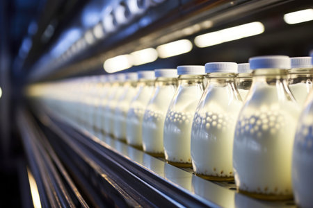 Beverage manufacturing: conveyor line at work, filling and packaging milk containers.の素材