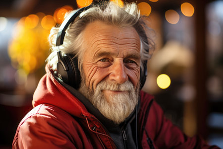 Elderly entertainment: active pensioner enjoys music with a smile in modern headphones.の素材