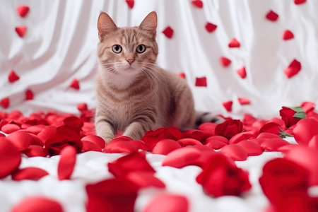 Portrait of a cat among red rose petals, Valentine's day celebration concept.の素材