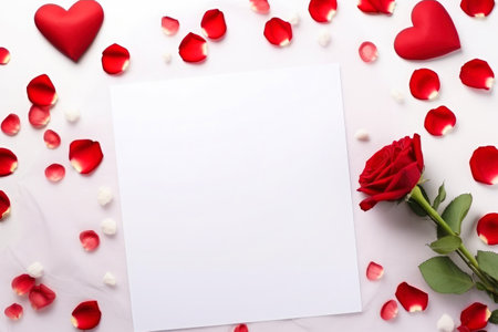 Greeting card adorned with hearts for Valentines day with decorated petals roses.の素材