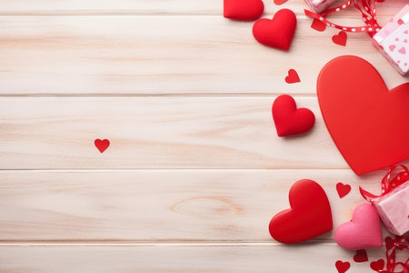 Wedding invitation template, red hearts on a wood background.の素材